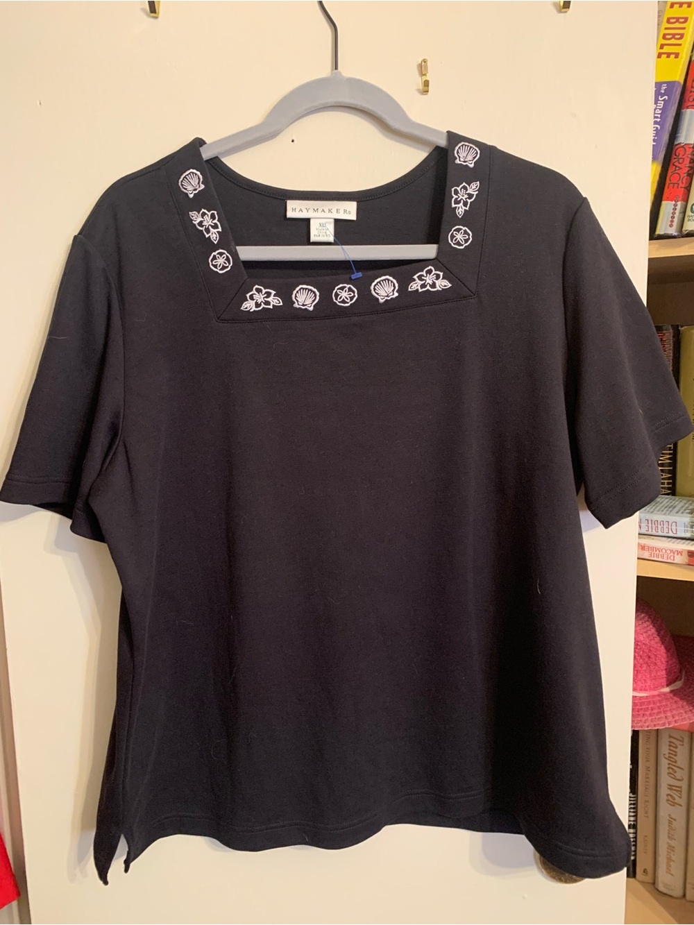 Black Square-Neck Embroidered Tee